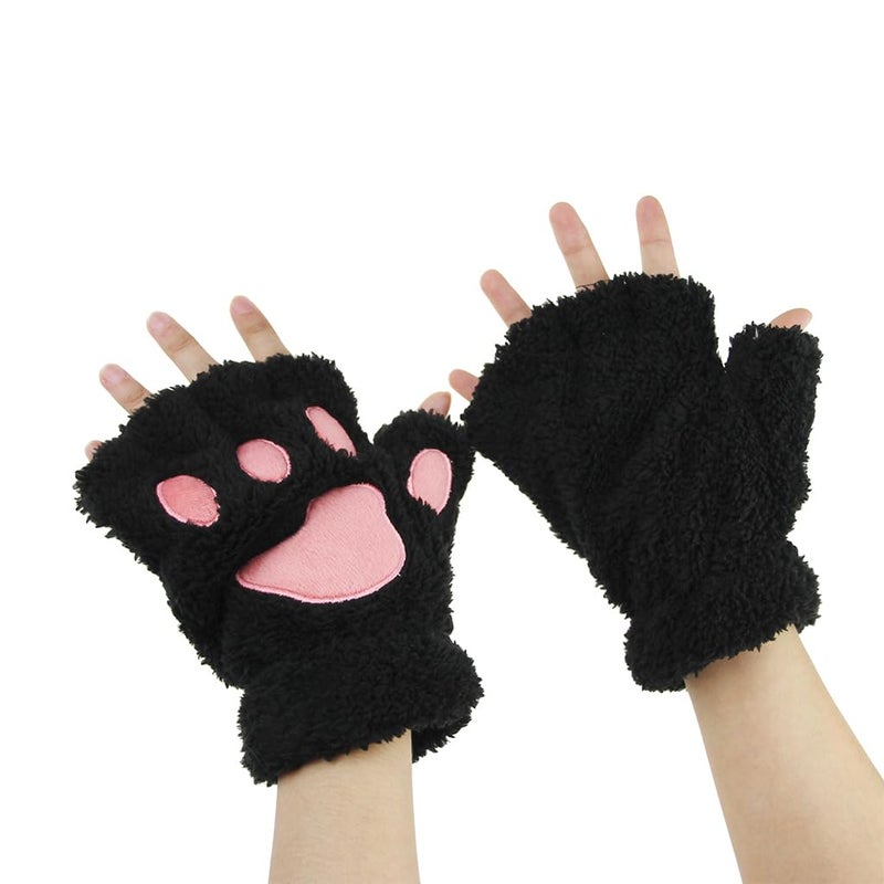 Ylucky Girls Cartoon Bear Claw Gloves Half Finger Paw Gloves Winter Warm Plush Faux Fur Mittens Hand Wear - Image 4